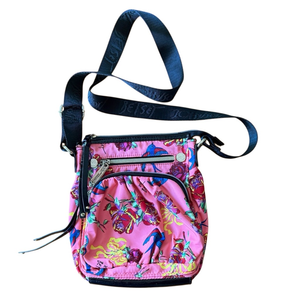 Betsey Johnson Peach Floral Crossbody Bag with Birds & Roses Print